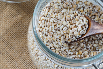 Close up on spoonfull with raw barley wheat over brown sack.