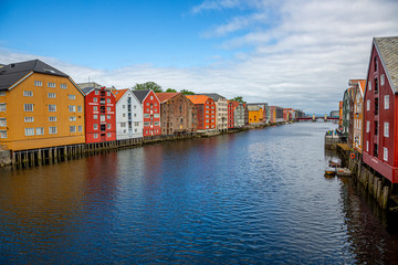 View on colorful pole houses in the Norwegian city of Bergen in summer