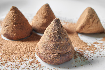 Fototapeta na wymiar Chocolate truffles on cocoa powderon white background