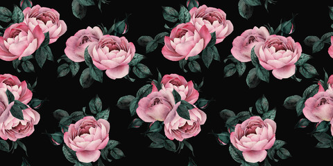 Panele Szklane  Kwiatowy wzór z kwiatami na ciemnym tle, akwarela. Projekt szablonu do tekstyliów, wnętrz, ubrań, tapet. Sztuka botaniczna