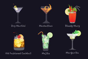 Set of vector alcohol bar drinks - mojito, manhattan cocktail, Bloody Mary, old fashioned and Margarita cocktails with Dry Martini, isolated on black background