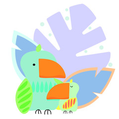 Hand drawn bird father and his little son together vector illustration for nursery print, poster, banner, cup, bags and other.