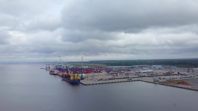 Aerial beautiful view Gulf of Finland, commercial port area in Saint-Petersburg