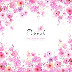 Spring card for your text with blossoming colorful flowers on branches. Vector frame in vintage watercolor style, illustration on white background.