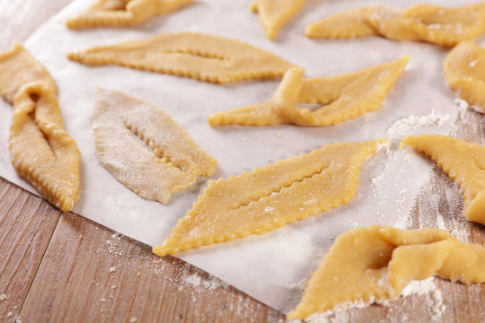 traditional french bugnes for carnival- raw dough and ingredient