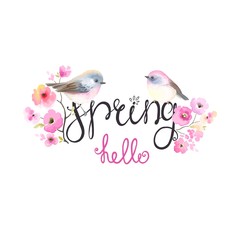 Spring hello logotype with beautiful branches, flowers, lettering and small cute birds. Greeting, invitation or template on white background. Vector illustration in watercolor vintage style.