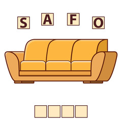 Game words puzzle furniture sofa . Education developing child.Riddle for preschool.Flat illustration cartoon character vector.