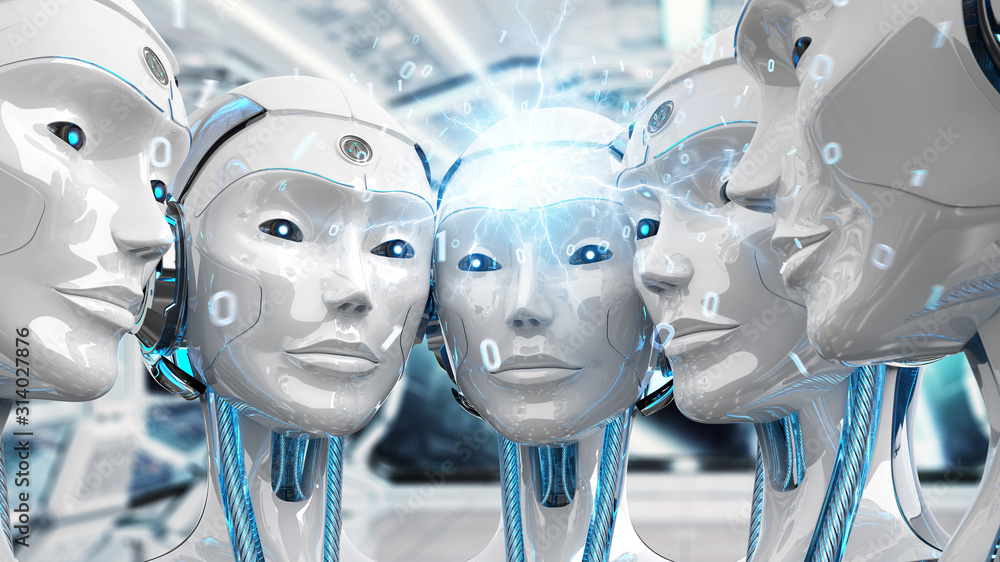 Poster group of female robots heads creating digital connection 3d rendering