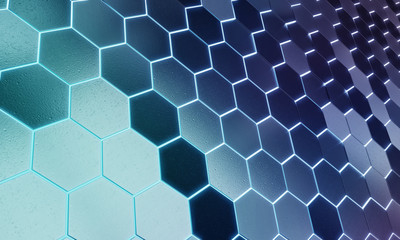 Glowing black and blue hexagons background pattern on silver metal surface 3D rendering