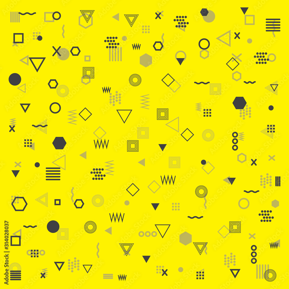 Poster abstract different geometric shapes pattern triangles, circles, dots, lines on white background. mem