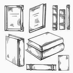 Set of sketches of various old books with shading. Front and side view. Notebooks. Library and bookshelves. Engraving vector element for cards, labels and your design.