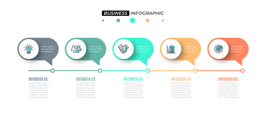 Business Infographics template. Timeline elements with 5 step, labels and marketing icons. Vector illustration. Can be used for workflow diagram, info chart, graph, presentation or web design. - obrazy, fototapety, plakaty