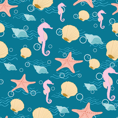 Seamless nautical pattern with seashells, starfish, and seahorse on blue background