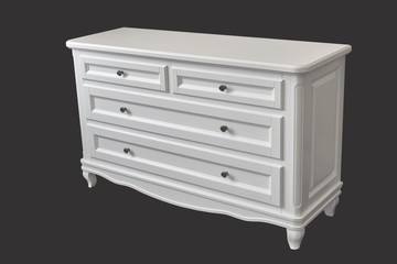 White wooden dresser isolated on dark grey. Chest of drawers