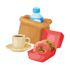 Paper Bag Package with Healthy Breakfast, Plastic Bottle of Water, Cup of Coffee, Donuts Vector Illustration