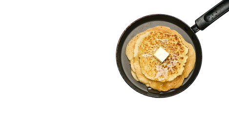 Frying pans with hot delicious pancakes isolated on white background. Pancake week.