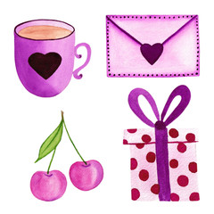 Romantic set envelope, cherry, mug and gift box