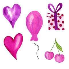 Romantic clipart hearts, cherry, balloon and gift box