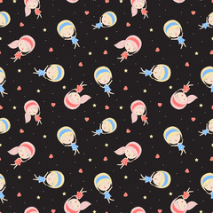 Cute Girl seamless pattern in the black backdrop.