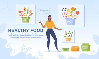 Webpage Banner Promotion Healthy Food and Dietary Nutrition. Woman Character Advertising Fruits and Vegetables for Collecting Organic Dinner Box. Online Service for Meal Order and Delivery