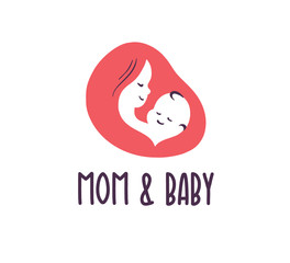 Mom and baby logo with baby and mother face and head silhouettes isolated on white background. Baby health care, kid clinic, happy motherhood emblem. Vector flat illustration.