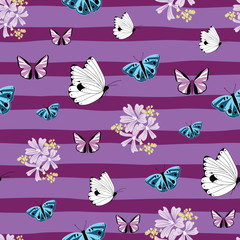 Seamless pattern of colorful butterflies and flowers on purple stripes background