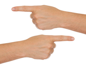 Male hands and index fingers showing left and right directions, isolated on white