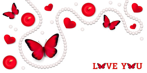 Happy Valentine's Day greeting card 3D. Realistic vector illustration with red butterflies, hearts, candles and pearls on a white background. Design for paper, prints, brochure, cover, banners etc.