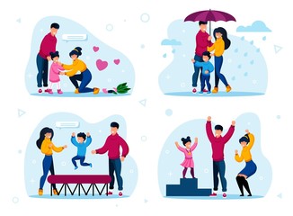 Happy Family Routines and Activities Trendy Flat Vector Concepts Set. Parents Calming Down Crying Daughter, Walking Under Umbrella in Rain, Jumping on Trampoline, Celebrating Kids Victory Illustration