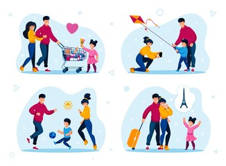 Happy Family Vacation Leisure Trendy Flat Vector Concepts Set. Parents with Preschooler Child Buying Groceries, Launching Kite, Playing Soccer Ball Outdoor, Planning Touristic Trip Illustrations