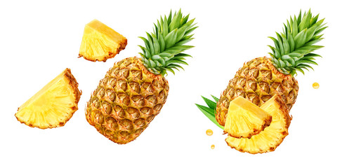 Fresh ripe pineapple fruit, pineapple fruit slices isolated. Juicy fruit design elements...