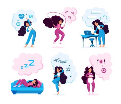 Modern Woman Life Situations Trendy Flat Vector Characters Set. Young Lady Doing Fitness Exercises, Rope Jumping, Messaging Online, Resting On Sofa, Listening Music, Cooking Cake Isolated Illustration