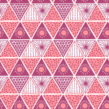 Boho style pink triangles seamless vector pattern. Hand drawn tribal ethnic motifs background. Geometric repeating backdrop. Sun symbol. Triangle shape repeat tile for fabric, wallpaper, packaging