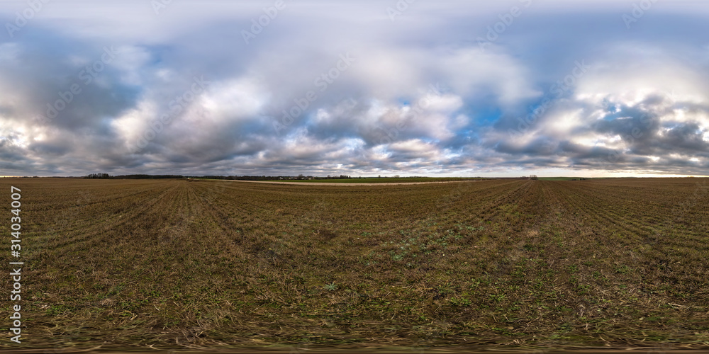 Wall mural full seamless spherical hdri panorama 360 degrees angle view among fields in autumn overcast evening