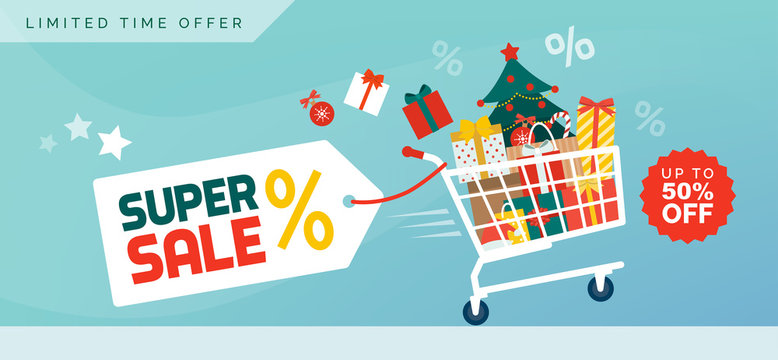 Christmas promotional sales banner with shopping cart