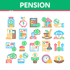 Pension Retirement Collection Icons Set Vector Thin Line. Money in Glass Bottle And Box, Calculator And Clock, Pension Finance Concept Linear Pictograms. Color Contour Illustrations