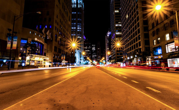 Michigan Ave Chicago At Night Long Shutter