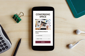 Coworking space concept on smart phone screen