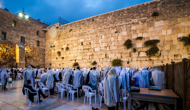 Jewish people at morning prayers at the Western Wall, Jerusalem