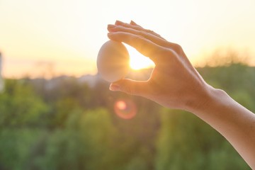 Fototapeta na wymiar Hand holding one white egg, conceptual photo background sunset