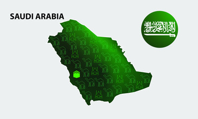 Saudi Arabia. map of Saudi Arabia with flag on gry background.