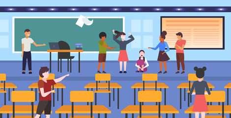 depressed girl student being bullied by mix race schoolmates peer violence victim of bullying mocking public disapproval concept modern school classroom interior full length horizontal vector