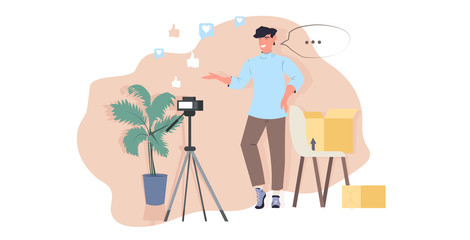 blogger opening parcel box man recording unboxing video live streaming social media mail delivery shipment blogging concept full length horizontal vector illustration