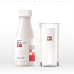 Bottle and glass of world organic milk with geometrical pattern on the label isolated on white background : Vector Illustration