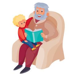 grandfather is sitting in a cozy large armchair and sitting on his lap inside, to whom he is reading a book of fairy tales, vector illustration, isolated object on a white background