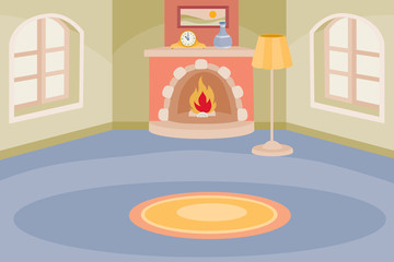 cozy empty room with fireplace and two large windows, in the middle of the room lies a round carpet, vector illustration