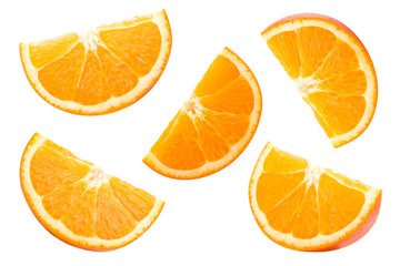 Collection Orange slice falling isolated on white with clipping path.