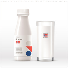 Bottle and glass of world organic milk with geometrical pattern on the label isolated on white background : Vector Illustration