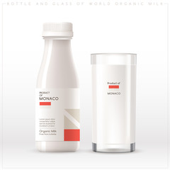 Bottle and glass of world organic milk with geometrical pattern on the label isolated on white background : Vector Illustration