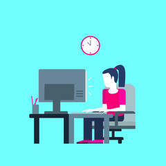 Smart girl typing on a computer vector flat illustration.